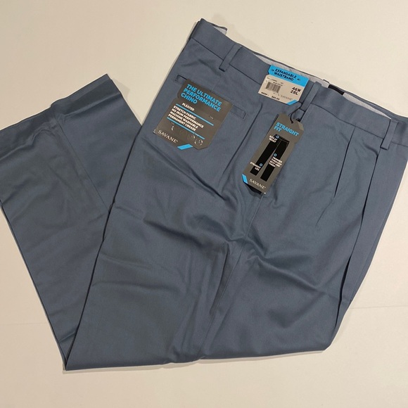 Savane SZ 50 x 28 Blue Mirage Pleated Performance Chino Straight Fit Pants New - Picture 1 of 10